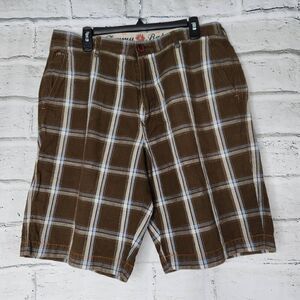 Tommy Bahama Mens Brown Plaid Paradise Nation Linen Blend Shorts Size 35